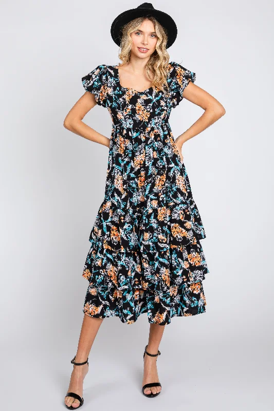 Affordable Women's Garments Black Floral Puff Sleeve Tiered Midi Dress