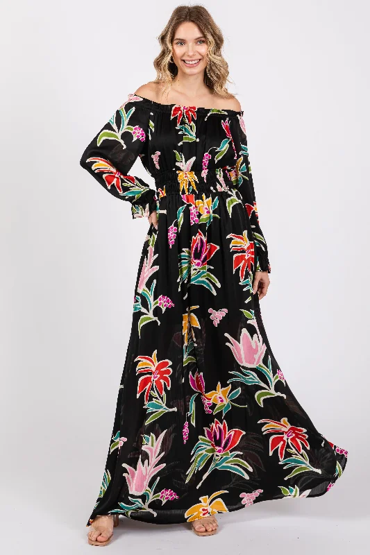 Women's Outerwear Garments Black Floral Ruffle Neck Maxi Dress