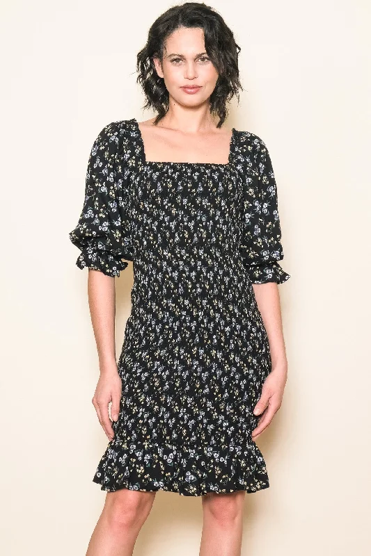 Women's Seasonal Attire Black Floral Smocked Puff Sleeve Dress