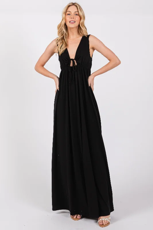 Women's Elegant Evening Outfit Black Front Tie Cutout Sleeveless Maxi Dress