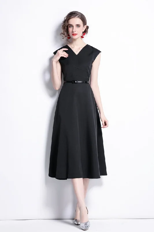 Women's Resort Garments Black Office A-line V-neck Sleeveless Below Knee Dress