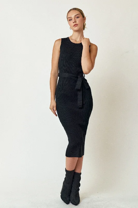 Women's Stylish Outdoor Outfit Black Rib Knit Sleeveless Midi Dress