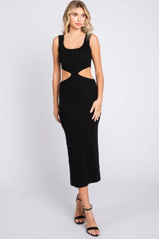 Women's Transitional Attire Black Sleeveless Side Cutout Midi Dress