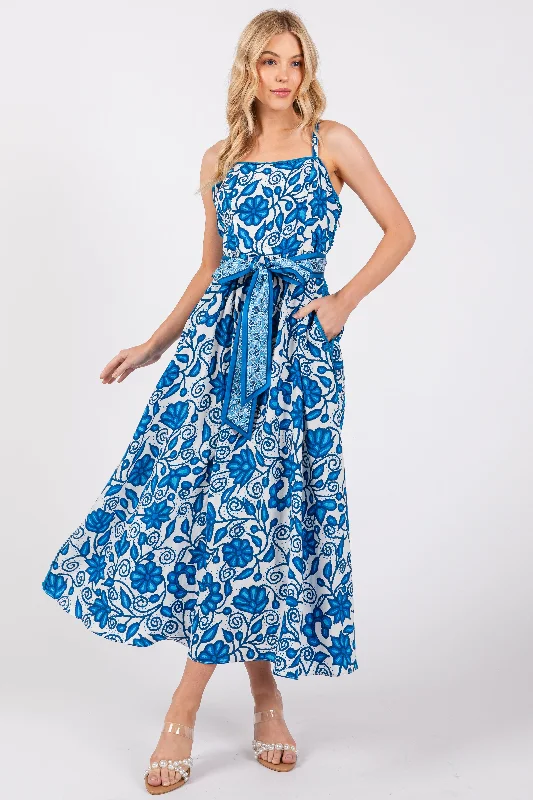 Women's Holiday Attire Blue Floral Crochet Accent Waist Tie Dress