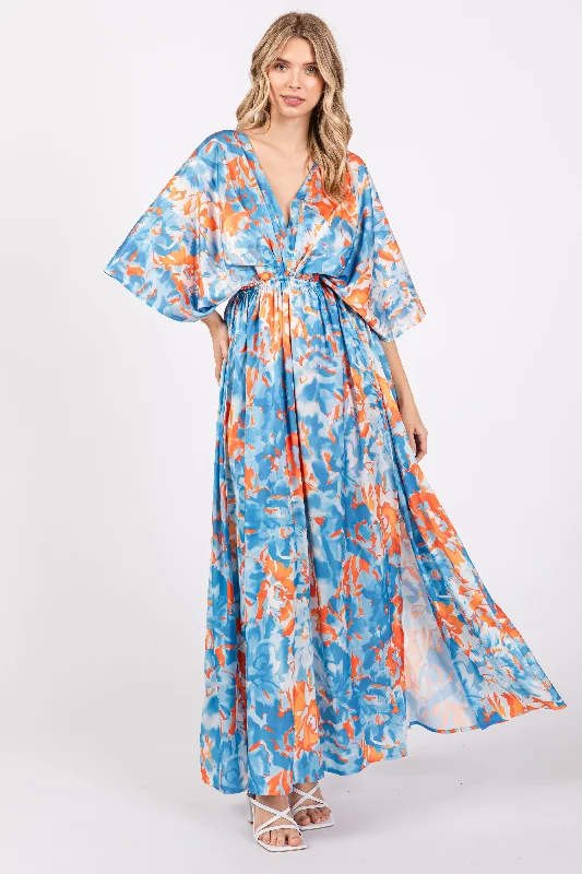 Women's Classic Attire Blue Floral Satin V-Neck Maxi Dress