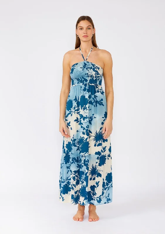 Women's Vacation Outfit Blue Floral Smocked Halter Maxi Dress