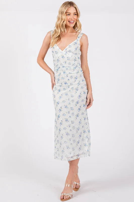 Modern Women's Outfit Blue Floral V-Neck Sleeveless Midi Dress