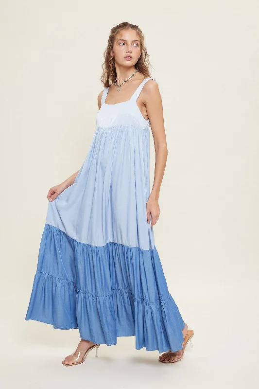 Women's Elegant Outfit Blue Sleeveless Tiered Tie Back Maxi Dress