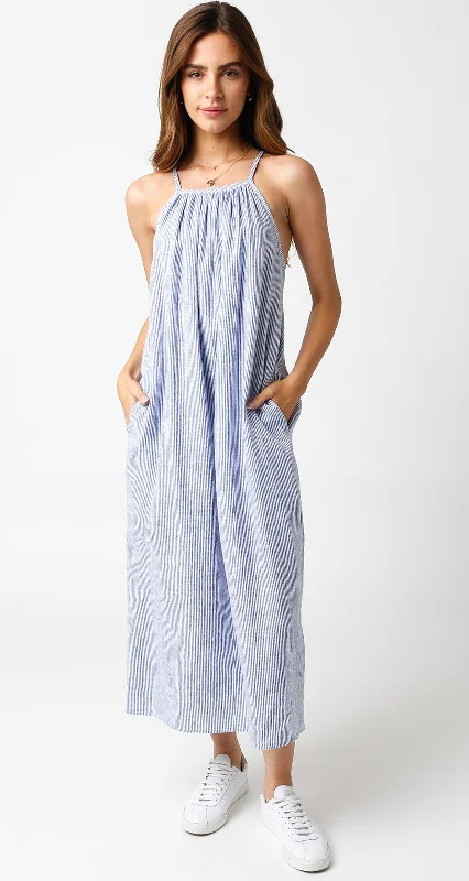 Women's Evening Outfit Blue Striped Linen Midi Dress