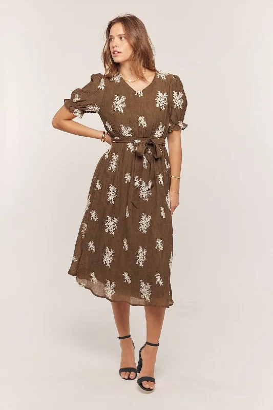 Women's Stylish Casual Garments Brown Embroidered Sash Tie Midi Dress