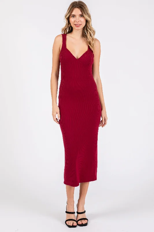 Women's Weekend Outfit Burgundy Ribbed Sweetheart Neck Midi Dress