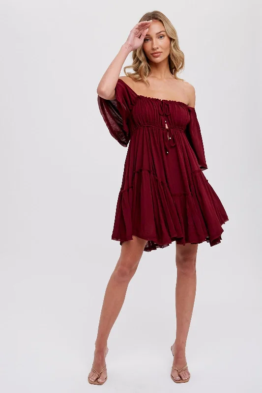 Women's Functional Outdoor Garments Burgundy Ruffle Hem  Ruched Mini Dress