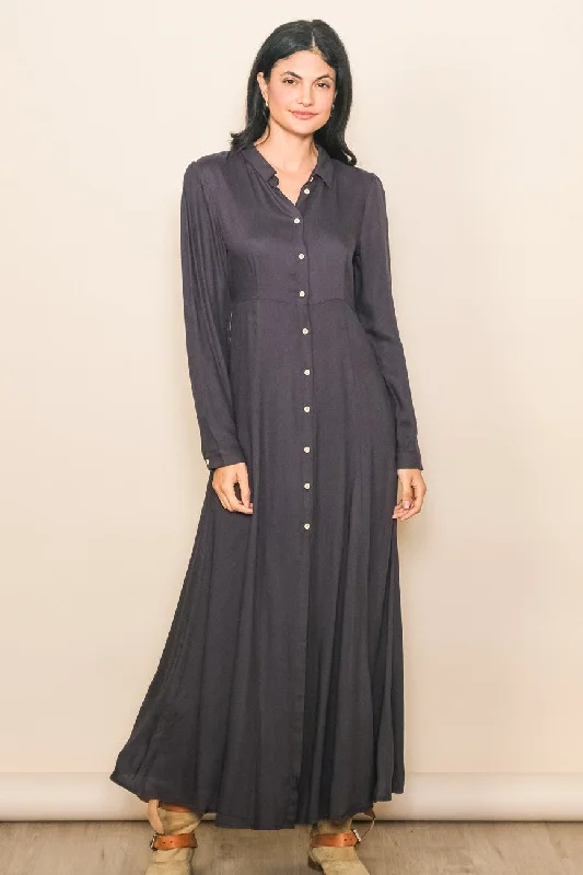 Women's Chic Outerwear Attire Charcoal Collared Button Down Long Sleeve Maxi Dress