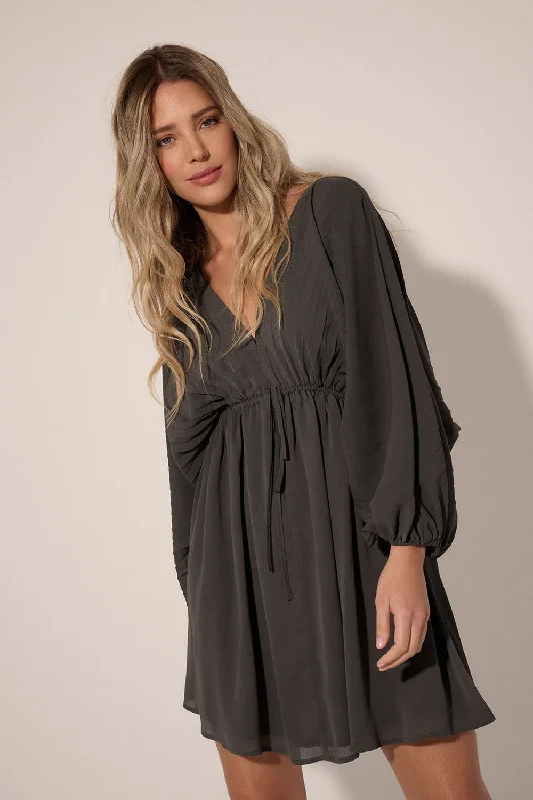 Casual Attire For Women Charcoal Solid Deep V Neck Chiffon Bishop Sleeve Mini Dress