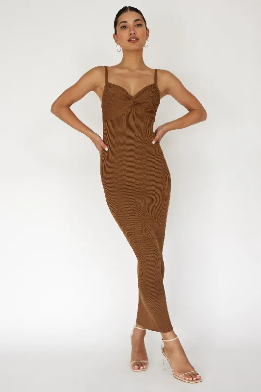 Affordable Luxury Women's Garments Chocolate Sleeveless Ribbed Front Twist Maxi Dress