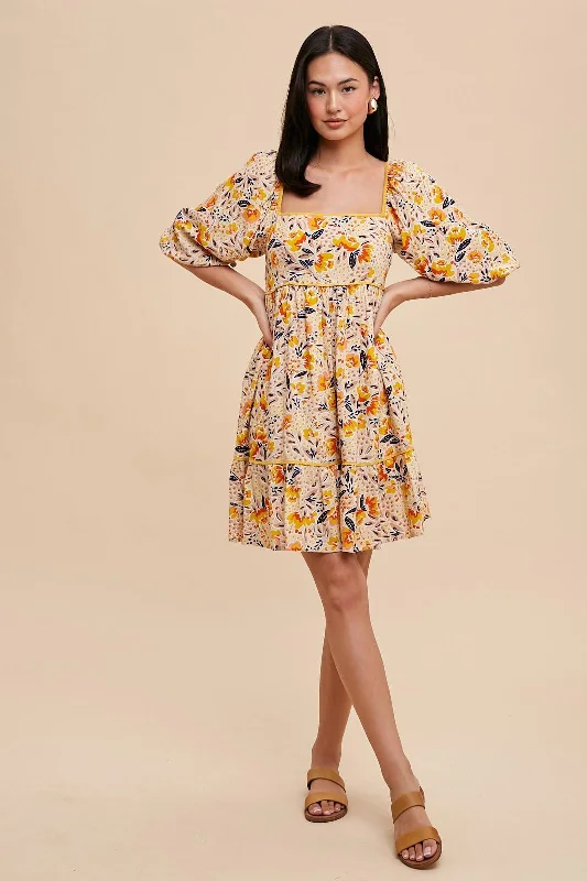 Vintage-Inspired Garments Cream Floral Print Puff Sleeve Dress