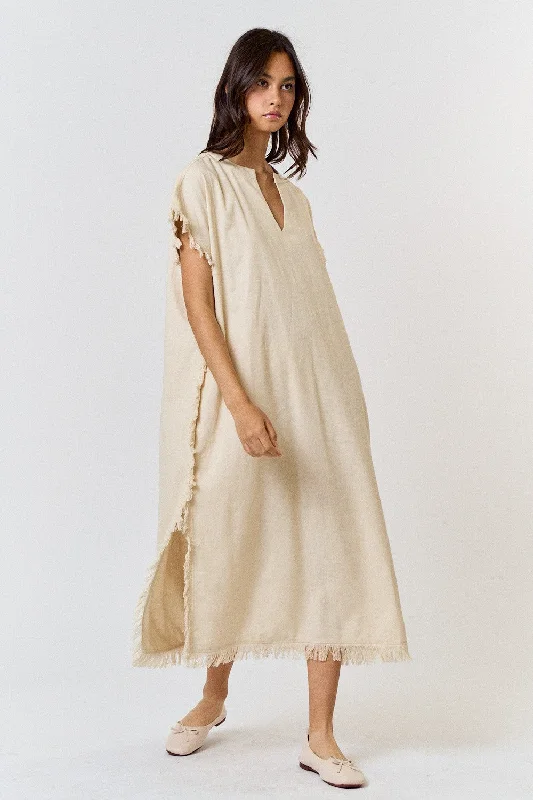 Women's Transitional Attire Cream Linen Fringe Accent Side Slit Midi Dress