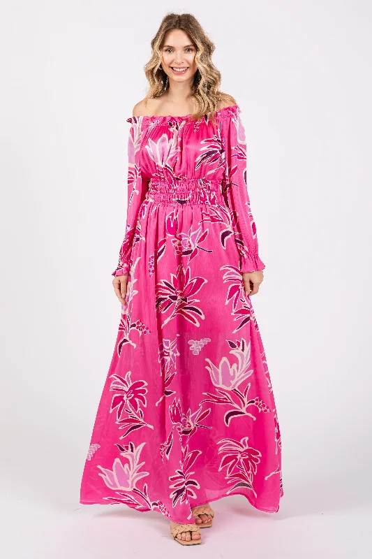 Women's Functional Outfit For Outdoor Activities Fuchsia Floral Ruffle Neck Maxi Dress