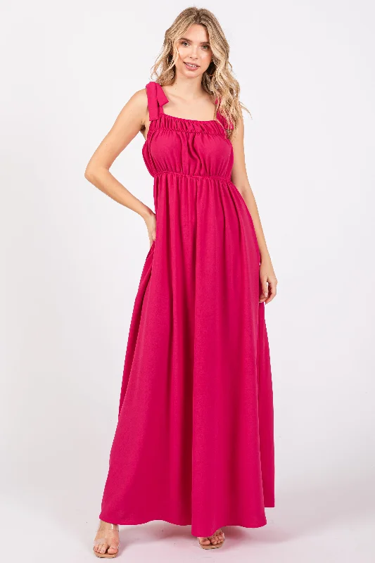 Affordable Women's Garments Fuchsia Square Neck Shoulder Tie Maxi Dress