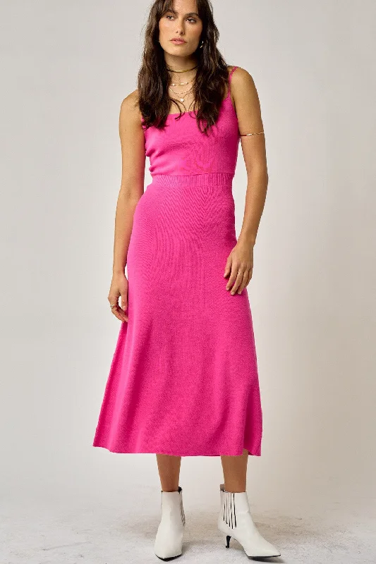 Chic Women's Outfit Fuchsia Square Neck Sleeveless Sweater Midi Dress