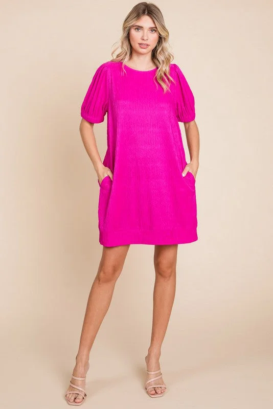 Women's Fashionable Attire For Work Fuchsia Textured Stripe Knit Short Puff Sleeve Dress