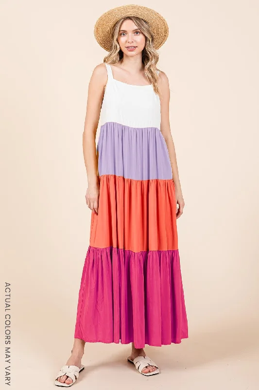 Women's Activewear Garments Fuchsia Tiered Colorblock Maxi Dress