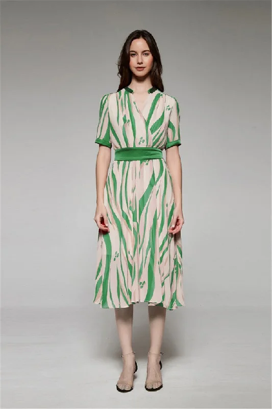 Women's Clothes And Garments Green Day A-line V-neck Short Sleeve Midi Printed Dress