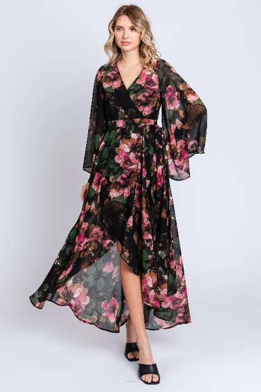 Women's Chic Outerwear Outfit Green Floral Chiffon Wrap Front Hi-Low Dress