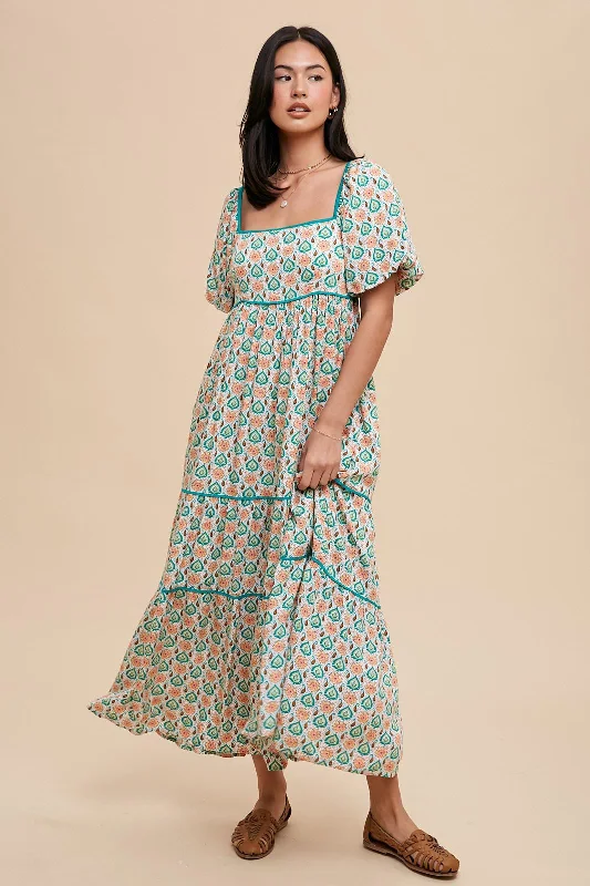 Women's Outdoor Activity Garments Green Floral Print Puff Sleeve Maxi Dress