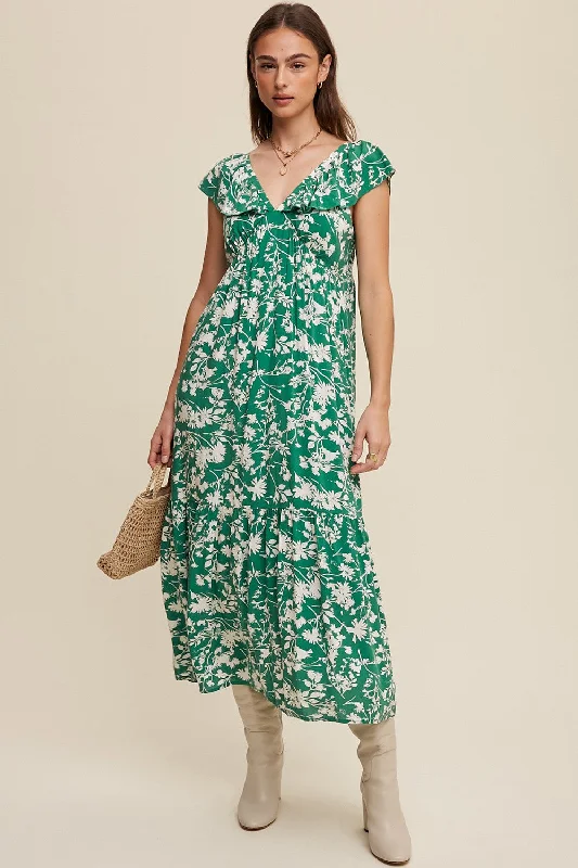 Women's Evening Wear Attire Green Floral Ruffle Midi Dress