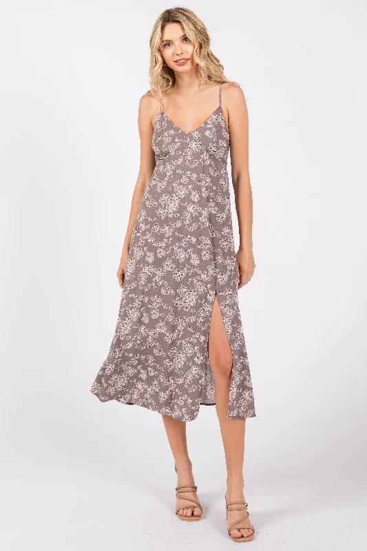 Women's Attire Grey Floral Side Slit Midi Dress