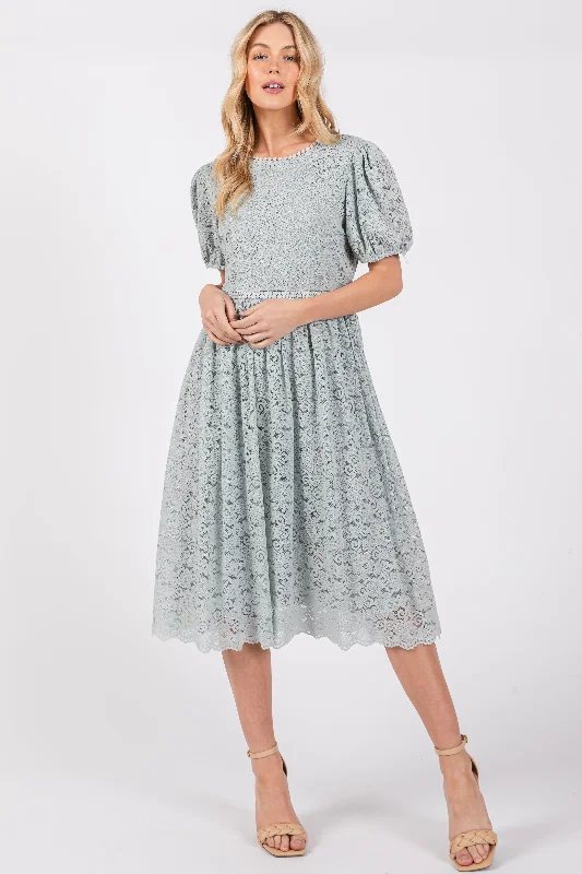 Casual Outfit For Women Light Olive Lace Midi Dress