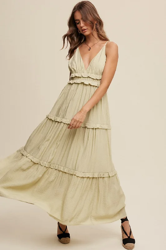 Women's Trendy Casual Outfit Light Olive Striped Ruffle Tiered Maxi Dress