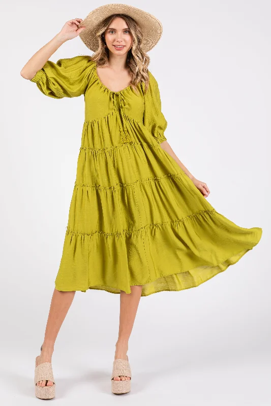 Women's Evening Outfit Lime Tiered Midi Dress