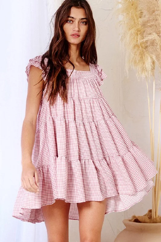 Women's Apparel And Garments Mauve Gingham Print Tiered Babydoll Mini Dress