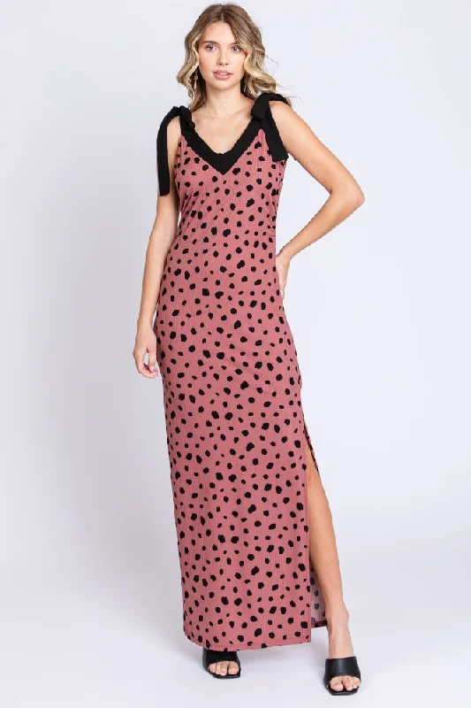 Women's Casual Attire Mauve Ribbed Polka Dot Shoulder Tie Maxi Dress