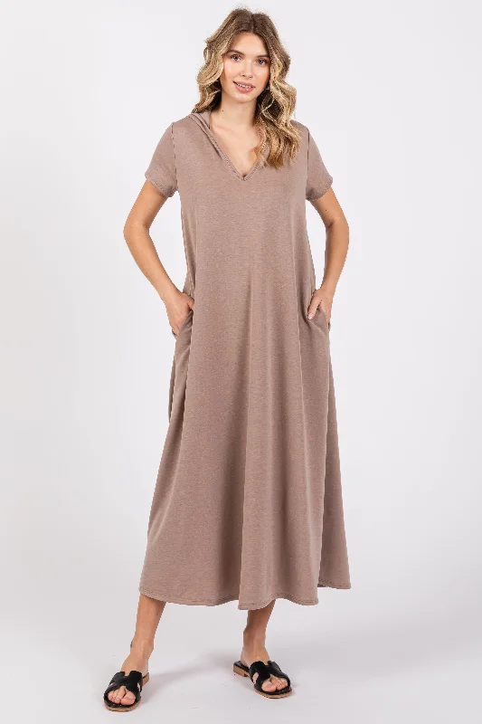 Women's Romantic Outfit Mocha Fleece Hooded Midi Dress