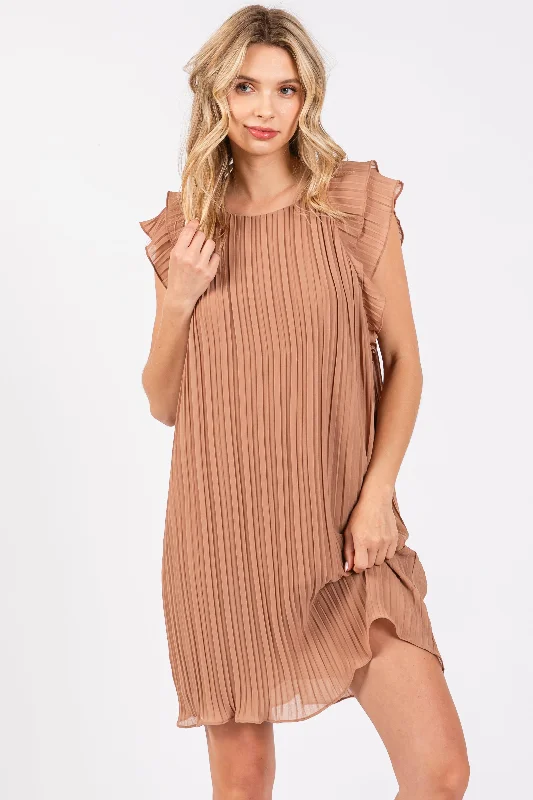 Modern Women's Attire Mocha Flutter Sleeve Pleated Chiffon Mini Dress