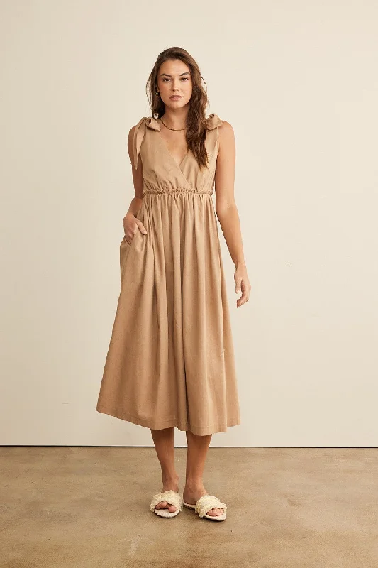 Women's Cozy Winter Attire Mocha Linen Shoulder Tie Midi Dress