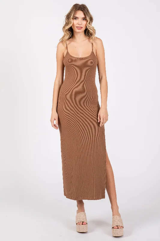 Modern Women's Attire Mocha Ribbed Sleeveless Side Slit Dress