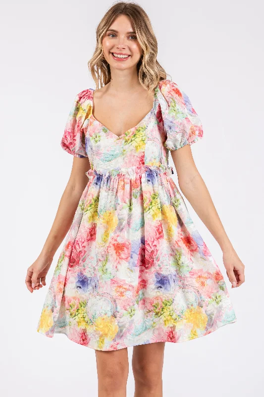 Women's Evening Garments Multi-Color Floral V-Neck Short Puff Sleeve Ruffle Waist Dress