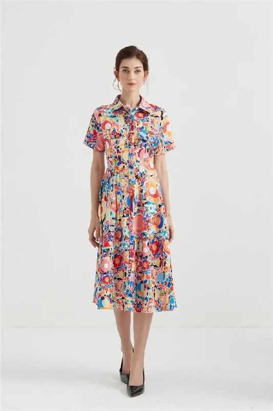 Women's Clothing And Garments Sets Multicolor Day A-line Shirt Colar Short Sleeve Midi Dress