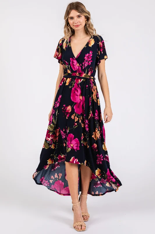 Women's Floral Print Outfit Navy Blue Floral Print Wrap Front V-Neck Hi-Low Midi Dress