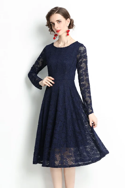 Women's High-Fashion Garments Navy Evening Lace A-line Boatneck Long Sleeve Midi Classic Dress