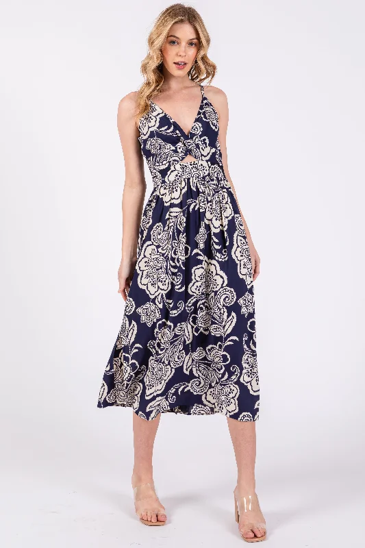 Women's Vintage Attire Navy Floral Front Twist Midi Dress