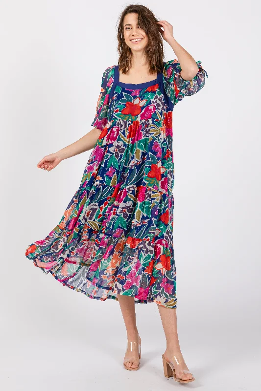 Women's Elegant Garments Navy Floral Half-Length Sleeve Tie Midi Dress