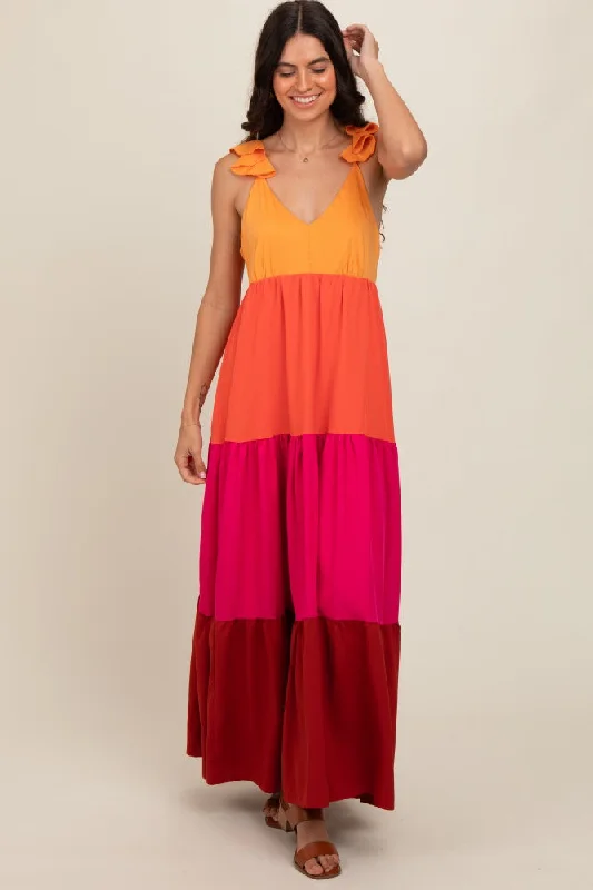 Elegant Women's Attire Orange Colorblock Tiered Ruffle Strap Maxi Dress