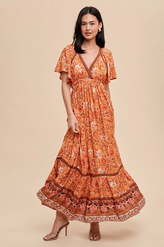 Women's Outdoor Attire Orange Floral Flounce Sleeve Maxi Dress