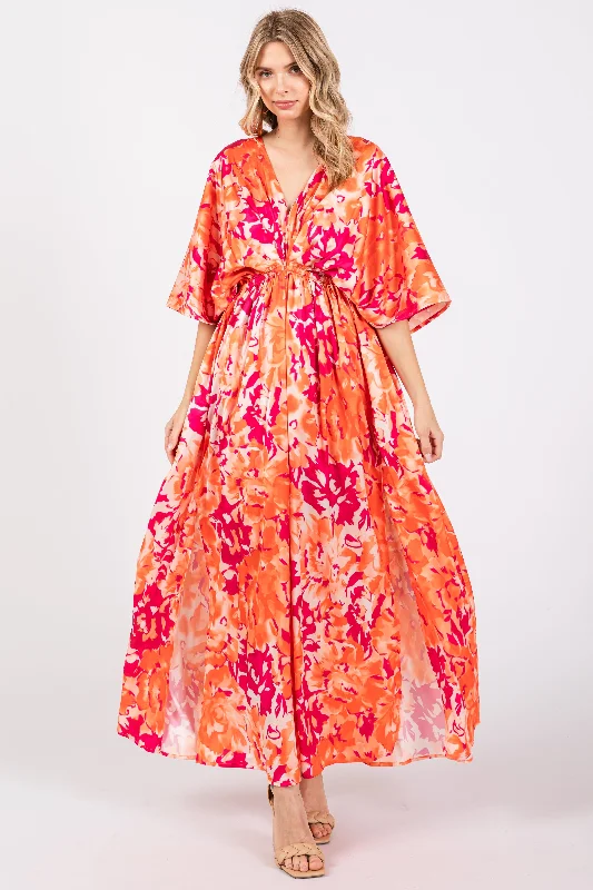 Women's Outfit Orange Floral Satin V-Neck Maxi Dress