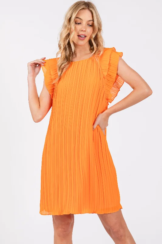 Women's Holiday Outfit Orange Flutter Sleeve Pleated Chiffon Mini Dress